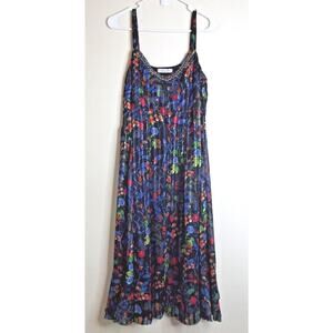 PER UNA Flowy Midi DRESS - Size UK 10 US 8 - Glossy Pleated Navy Blue Floral